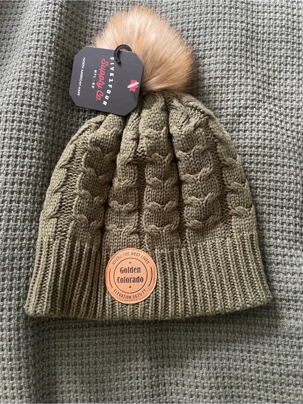 Olive Knit Pom Beanie with Faux Fur Pom